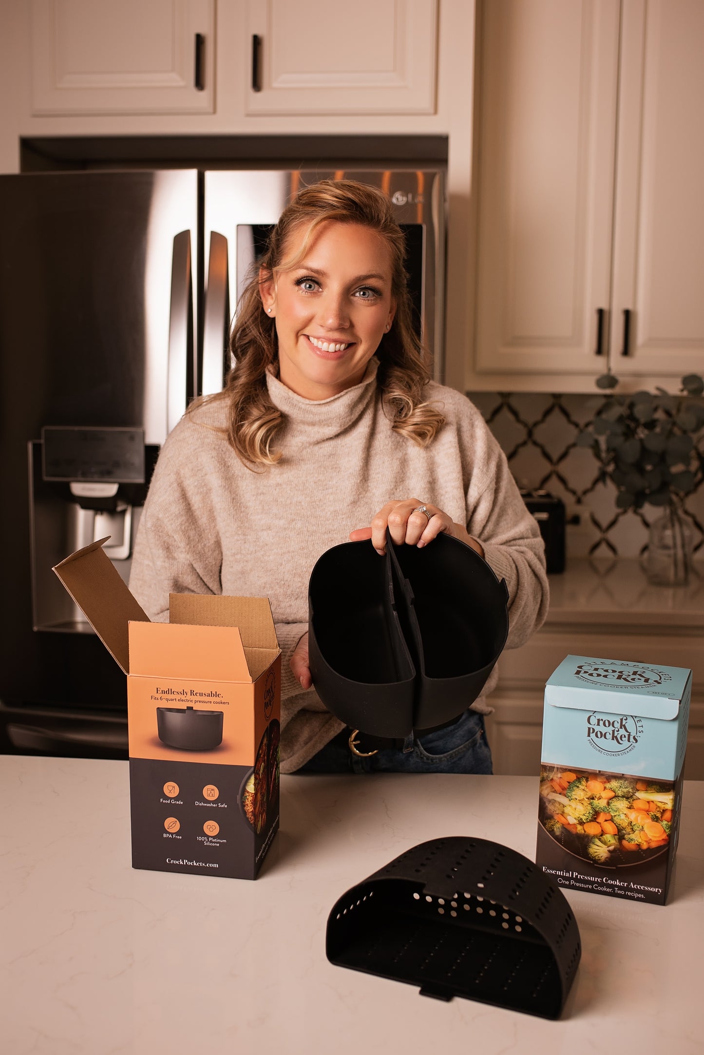 image of woman with pressure cooker dividers in hand